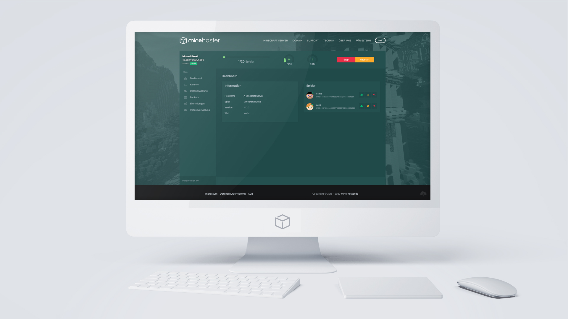Mine-Hoster GamePanel Dashboard auf einem iMac
