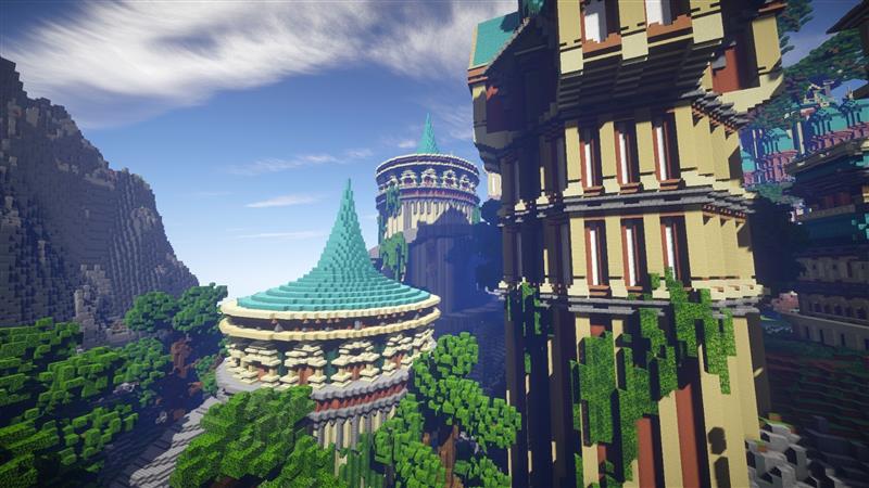 Detailreiche Minecraft Burg mit Türmen und Bäumen