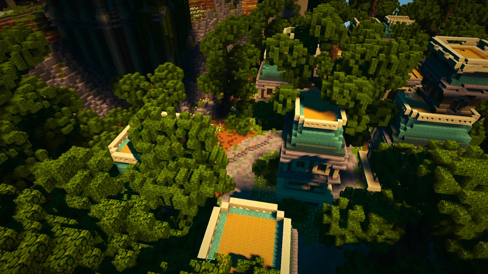 Minecraft Welt mit Gebäuden aus der Vogelperspektive