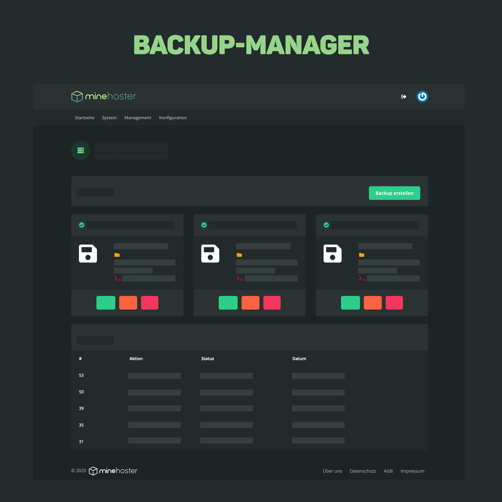 Backup-Manager mit Backup-Übersicht im GamePanel